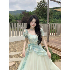 批发茶歇法式甜美清新多巴胺高级感晕染印花拼接<b class='q'>网纱</b>收腰假两件连衣裙