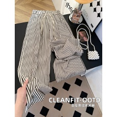 批发通勤松紧腰宽松竖条纹系带显瘦<b class='q'>休闲</b>阔腿长裤百搭直筒裤女