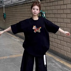 批发外贸原单 2026新款220克纯棉<b class='q'>上衣</b> 马年小马图案印花短袖T恤女