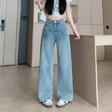 批发实拍实价~美式复古设计感烫钻牛仔裤女春季新款立体水钻阔腿裤<b class='q'>潮</b>