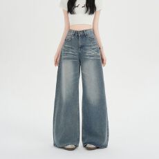 批发实拍实价~阔腿牛仔裤<b class='q'>女</b>春季复古宽松休闲长裤直筒高腰显瘦拖地裤