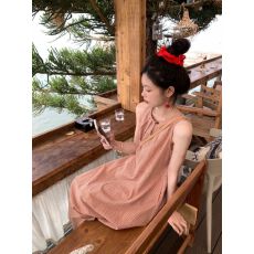 批发韩系甜美格子压褶圆领连衣裙女夏季2025新款宽松<b class='q'>中长款</b>A字背心裙