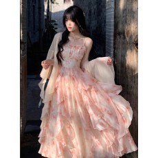 2025夏季新款伊甸油画晕染印花收腰荷叶边吊带裙韩版气质连衣裙子