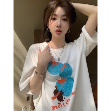 批发外贸原单 2026新款220克纯棉上衣可爱卡通图案印花短袖T恤女