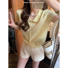 批发黄色娃娃领薄款短袖针织开衫女<b class='q'>春</b>夏新款羊毛T恤