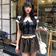 批发法式少女复古风方领格子花边拼接短袖女夏季优雅收腰显瘦气质上衣