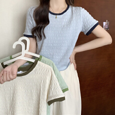 批发实拍网红撞色正肩短袖T恤女