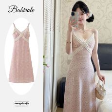 批发夏季新款法式纯欲风V领碎花吊带<b class='q'>连衣裙</b>女吊带蕾丝拼接<b class='q'>收腰</b>长裙子