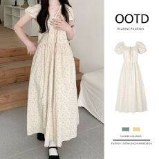 批发法式甜美<b class='q'>泡泡袖</b>碎花裙子夏季超仙森系显瘦系带度假风百搭<b class='q'>连衣裙</b>女