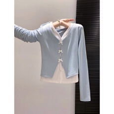 批发假两件V领蝴蝶结<b class='q'>长袖</b>t恤女秋季新款设计感修身正肩<b class='q'>打底衫</b>上衣外穿