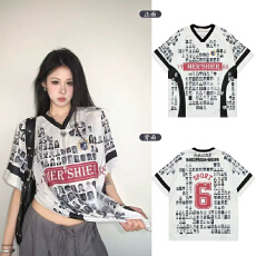 批发原版做工原版面料黑白复古人像满印短袖T恤宽松V领球衣男女夏季