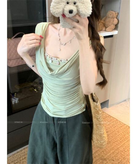 원본 것 패치워크 페이크 레이어드 흔들다 칼라 민소매 티셔츠 여성 여름 허리 수축 핫걸 몸매 가꾸기 맨위