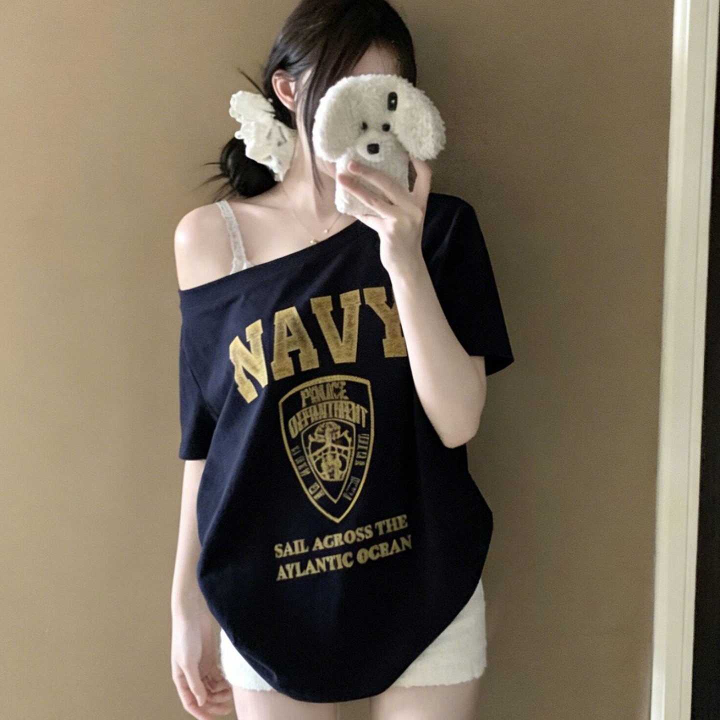 RY4189# 220克92%棉8%氨纶美式辣妹斜肩字母印花短袖T恤女