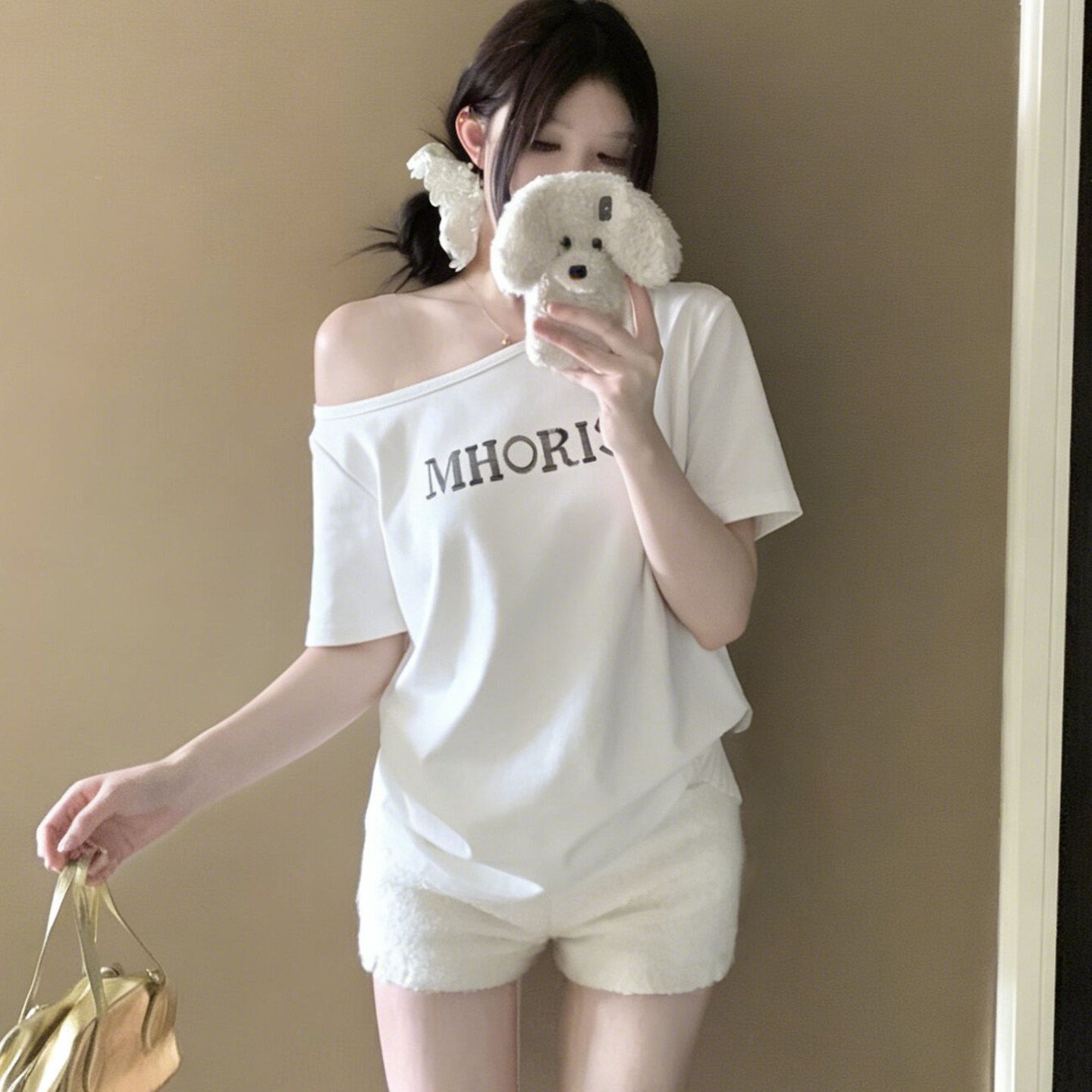 RY4188# 220克92%棉8%氨纶美式辣妹斜肩字母印花短袖T恤女