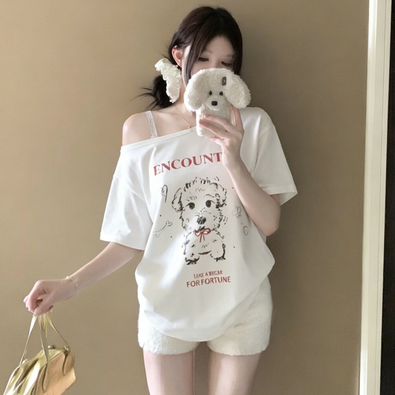 RY7462# 美式辣妹斜肩字母印花短袖T恤女