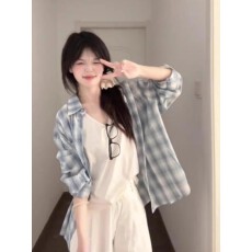 批发韩系松弛感格子<b class='q'>衬衫</b>女新款宽松慵懒风长袖<b class='q'>衬衣</b>外套休闲上衣
