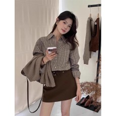 批发50%棉原版 新款设计感长袖格纹<b class='q'>衬衫</b>港风时髦感宽松polo领上衣女