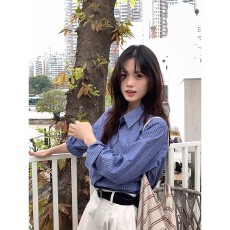 批发原版水洗全棉 复古条纹<b class='q'>衬衫</b>设计感翻领<b class='q'>衬衣</b>薄款长袖上衣