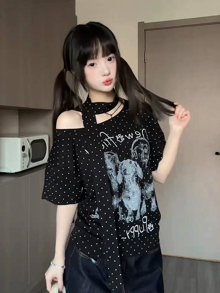 RY4195# 纯棉奥代尔 波点斜肩短袖T恤女+围脖装饰