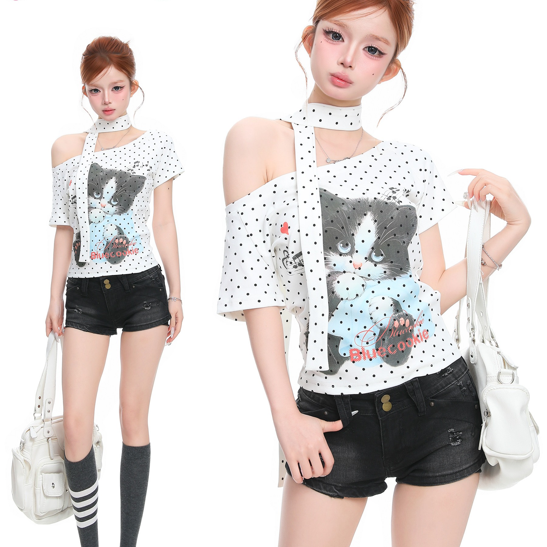 RY4194# 纯棉奥代尔 波点斜肩短袖T恤女+围脖装饰