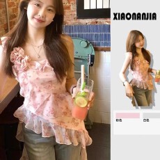 批发法式茶歇碎花荷叶边吊带背心<b class='q'>不规则</b>设计感裙摆收腰雪纺小衫上衣夏