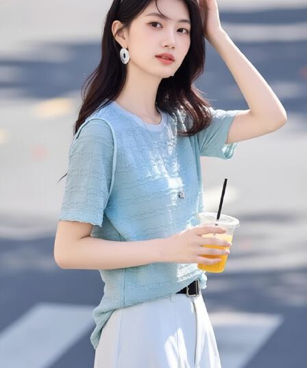 질감 센스 반팔 티셔츠 여성 여름 배색 라운드 넥 루즈핏 부드러운 연령 감소 작은 키 디자인 센스 느슨함 맨위