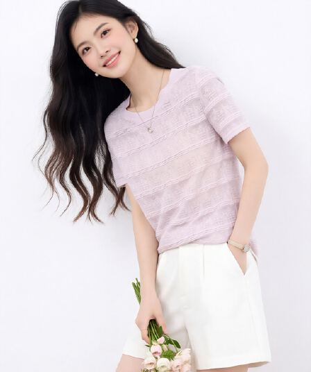 프랑스식 부드러운 바람 홀로우 아웃 니트 스웨터 여성 여름 새로운 반팔 슬림해 보이는 다용도 캐주얼 질감 센스 라운드 넥 티셔츠