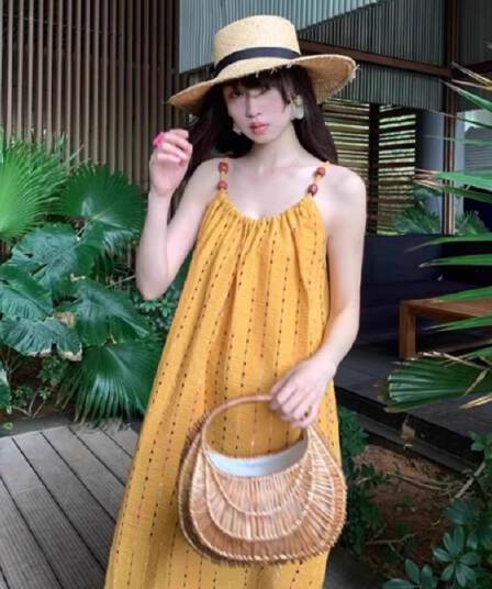 황색 술 슬립 여성 드레스 여름 고급 슈퍼 잘 생긴 해변 해변가 휴가 루즈핏 슬림해 보이는 길다 치마