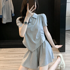 批发灰色休闲运动短袖套装女夏季时尚网红炸街俏皮活泼阔腿短裤两件套