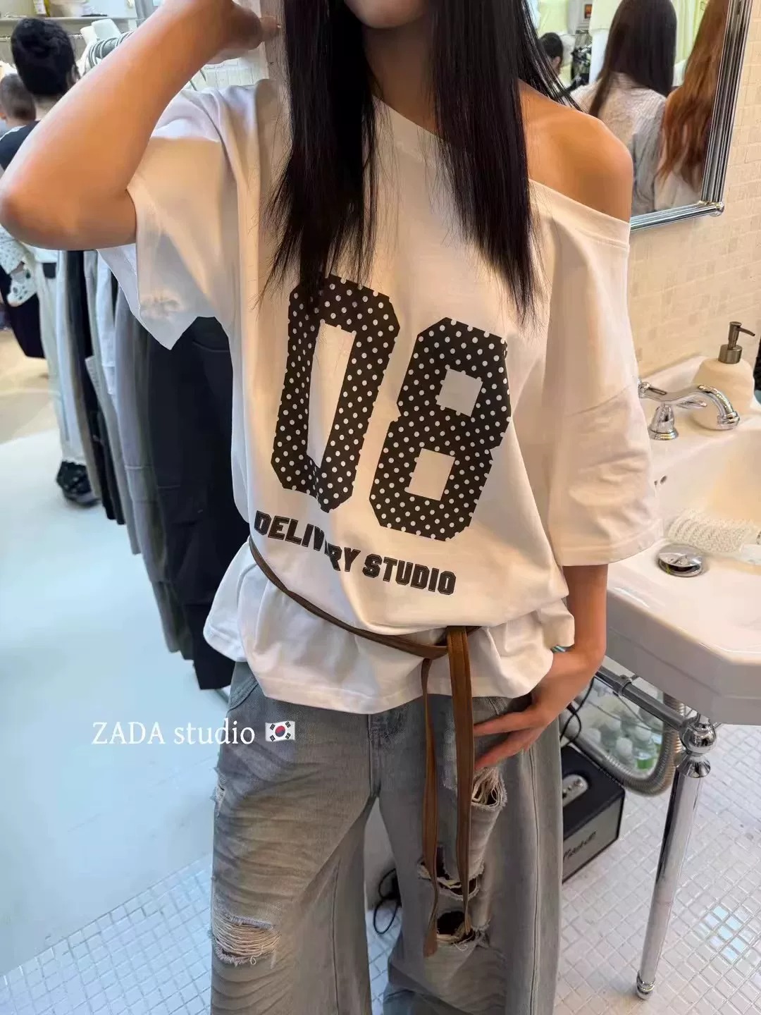 경관 그림 40 순면 220 그램 92 면 8 암모니아 Lun 비스듬한 칼라 오프숄더 오프숄더 반팔 티셔츠 여성 프린트