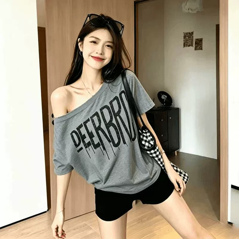 경관 그림 40 순면 220 그램 92 면 8 암모니아 Lun 비스듬한 칼라 오프숄더 오프숄더 반팔 티셔츠 여성 프린트