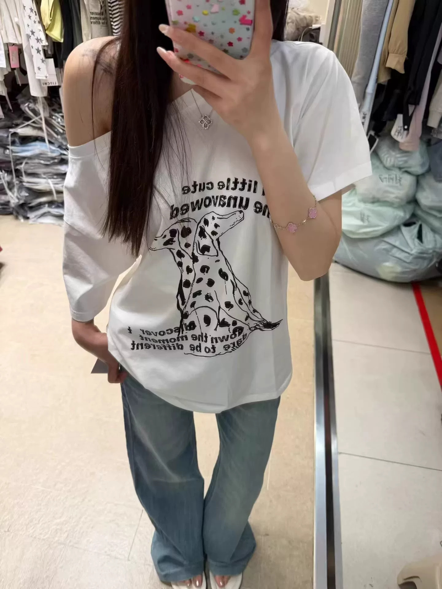 경관 그림 40 순면 220 그램 92 면 8 암모니아 Lun 비스듬한 칼라 오프숄더 오프숄더 반팔 티셔츠 여성 프린트