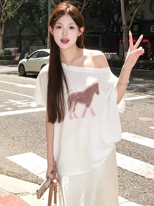 경관 그림 40 순면 220 그램 92 면 8 암모니아 Lun 비스듬한 칼라 오프숄더 오프숄더 반팔 티셔츠 여성 프린트