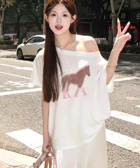 경관 그림 40 순면 220 그램 92 면 8 암모니아 Lun 비스듬한 칼라 오프숄더 오프숄더 반팔 티셔츠 여성 프린트
