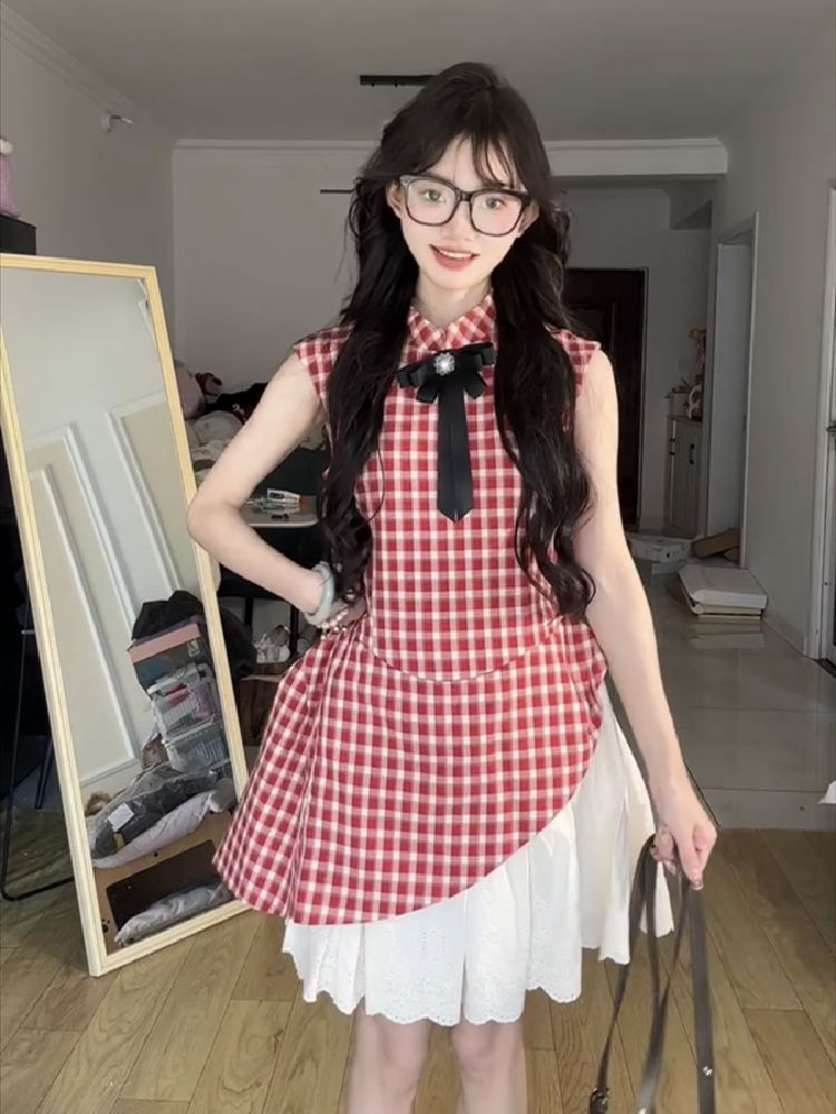 학원 스타일 빨간색 체크무늬 케이크 퍼프 여성 드레스 생일 치마 달콤함 품격 허리 수축 슬림해 보이는 조끼 스커트
