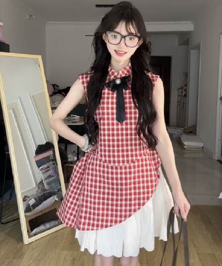 학원 스타일 빨간색 체크무늬 케이크 퍼프 여성 드레스 생일 치마 달콤함 품격 허리 수축 슬림해 보이는 조끼 스커트