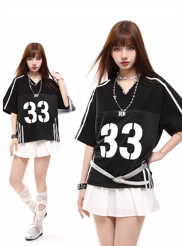 원본 솜씨 원본 원단 아메리칸 레트로 V넥 올리브 저지 티셔츠 패치워크 운동 반팔 여름 남녀