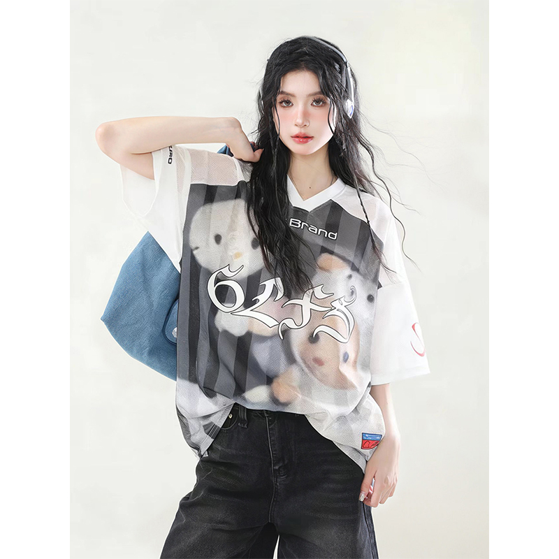 2026 새로운 원본 솜씨 저지 원단 아메리칸 인형 V넥 프린트 반팔 티셔츠 맨위 남녀 커플 여름