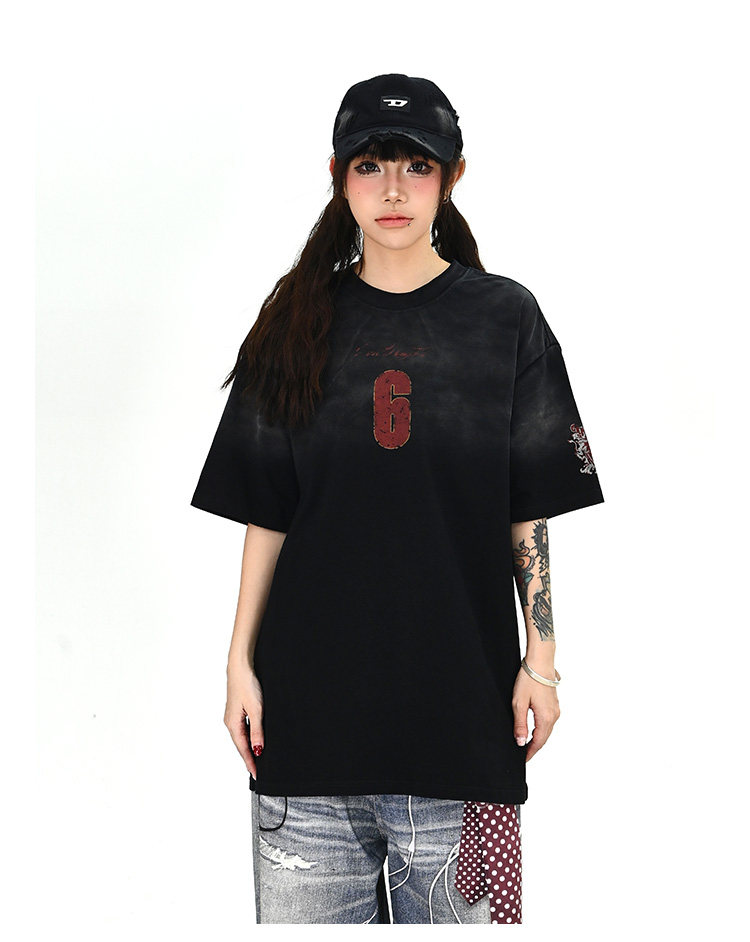 40s 더블 실 원본 솜씨 아메리칸 점차적으로 더러운 염색 마 오래된 반팔 티셔츠 여름 라운드 넥 맨위 남녀 커플