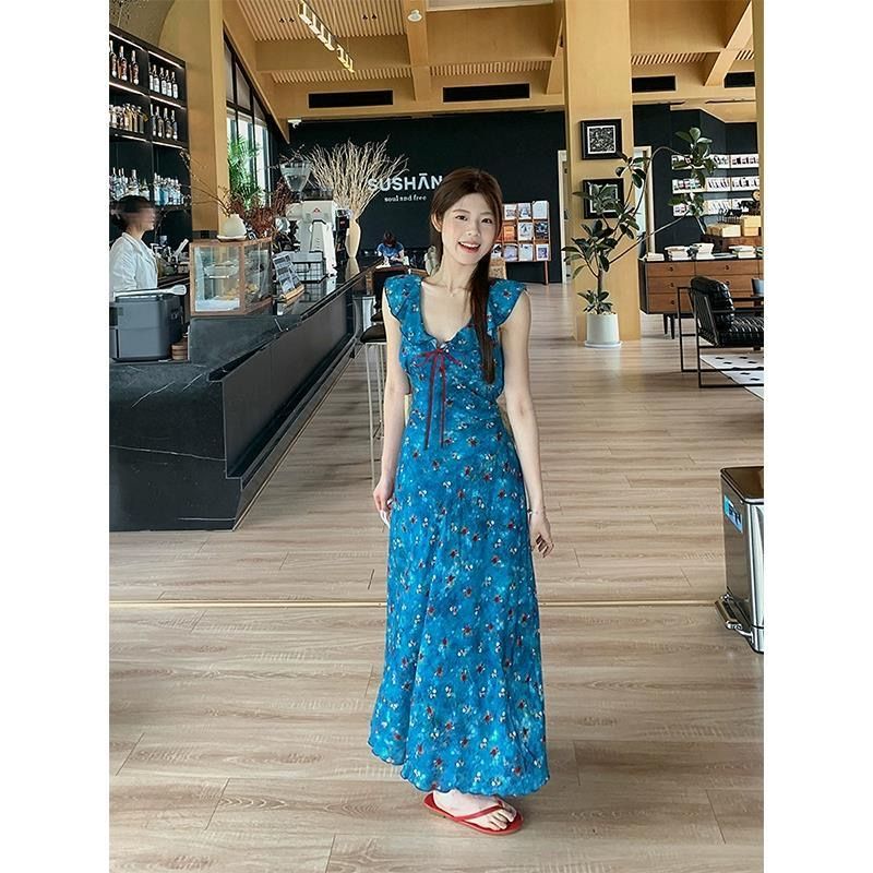 휴가 바람 파란색 꽃무늬 슬립 여성 드레스 여름 프랑스식 허리 수축 롱 스커트 디자인 센스 부드러운 한 마디 치마