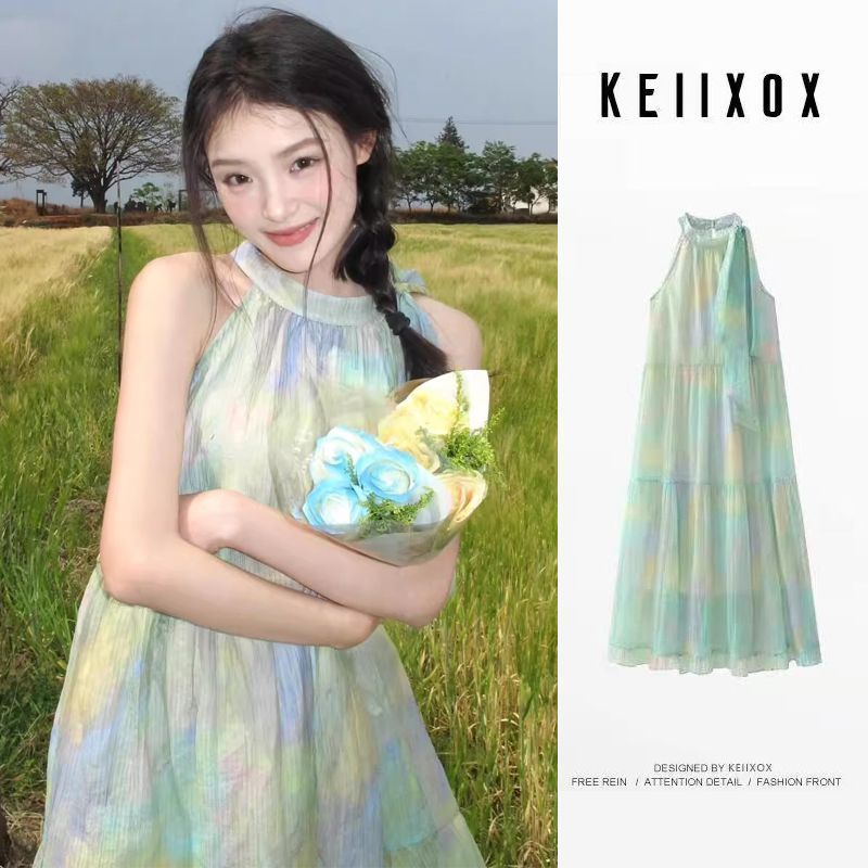 박하 남자 웨이브 녹색 스트랩 행침 목 드레스 아이들 여름 프랑스식 품격 해변가 휴가 바람 해변 롱 스커트