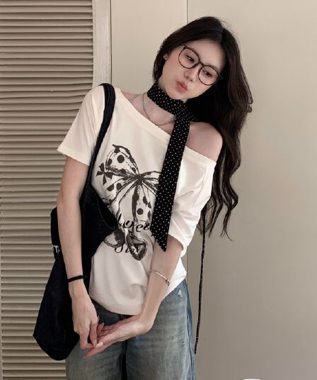 220 그램 92 면 8 암모니아 Lun 아메리칸 핫걸 비스듬한 어깨 알파벳 프린트 반팔 티셔츠 여성