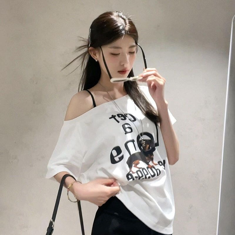 220 그램 92 면 8 암모니아 Lun 아메리칸 핫걸 비스듬한 어깨 알파벳 프린트 반팔 티셔츠 여성