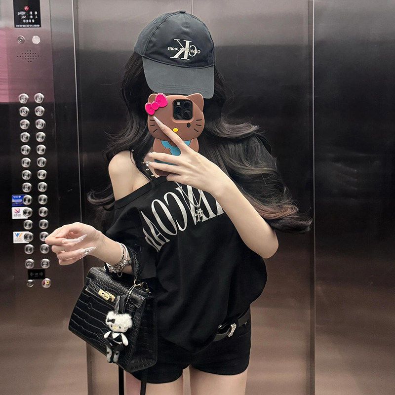 220 그램 92 면 8 암모니아 Lun 아메리칸 핫걸 비스듬한 어깨 알파벳 프린트 반팔 티셔츠 여성