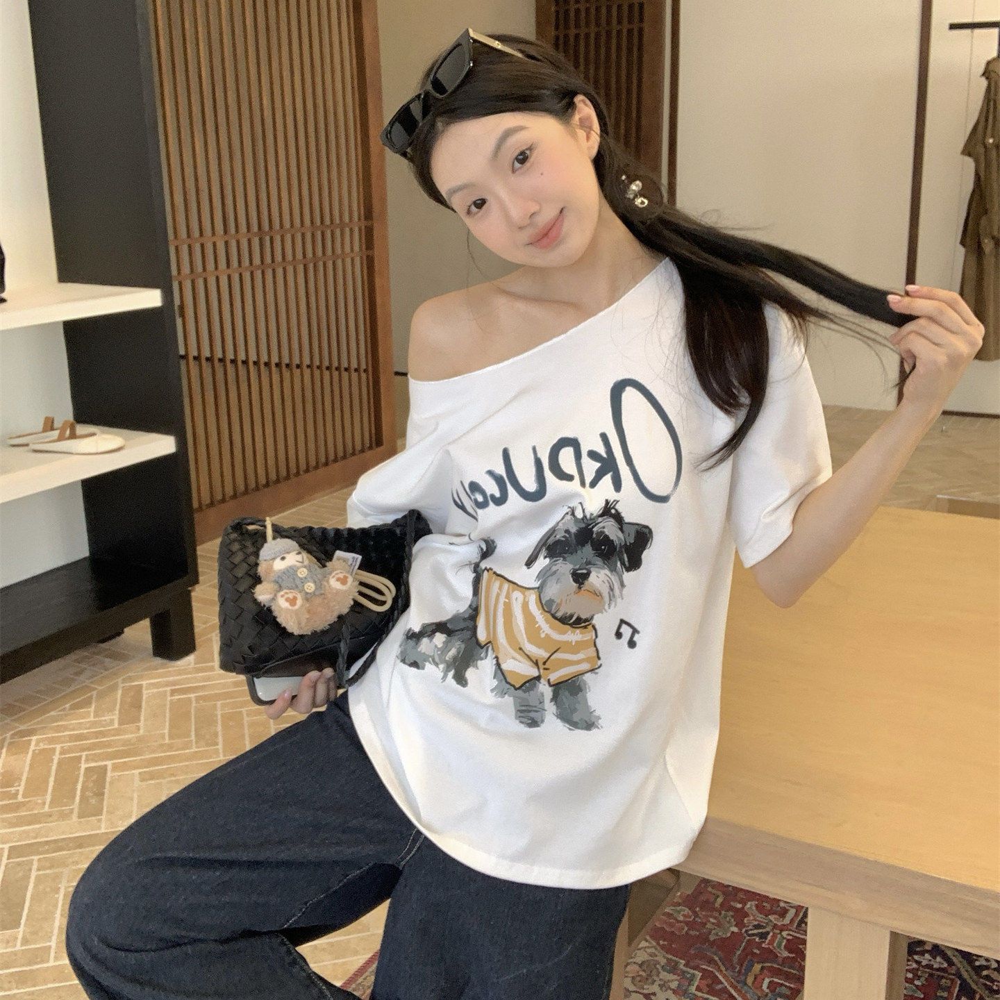 220 그램 92 면 8 암모니아 Lun 아메리칸 핫걸 비스듬한 어깨 알파벳 프린트 반팔 티셔츠 여성