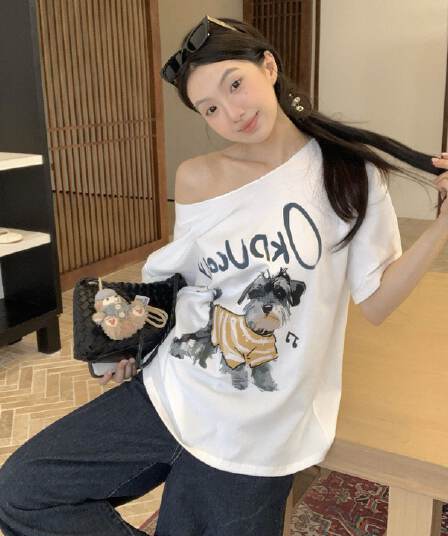 220 그램 92 면 8 암모니아 Lun 아메리칸 핫걸 비스듬한 어깨 알파벳 프린트 반팔 티셔츠 여성