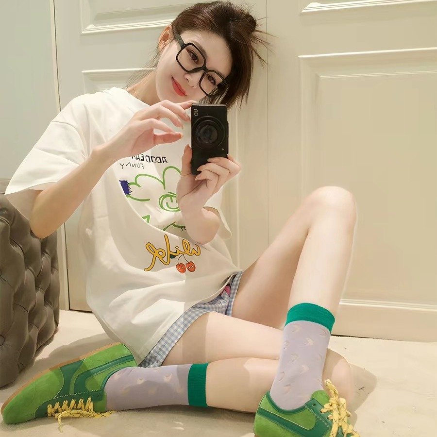 220 그램 순면 프린트 반팔 티셔츠 여성 2026 년 봄 여름 드레스 반팔 티셔츠 여성 한국 스타일 프린트