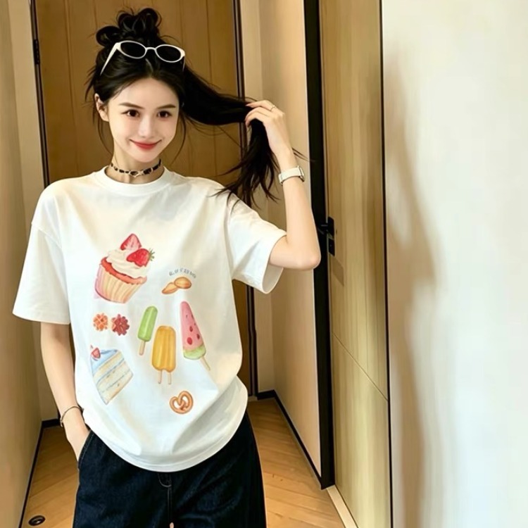 220 그램 순면 프린트 반팔 티셔츠 여성 2026 년 봄 여름 드레스 반팔 티셔츠 여성 한국 스타일 프린트