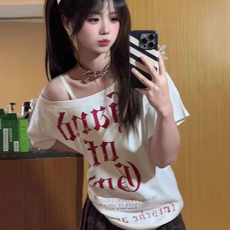 220 그램 92 면 8 암모니아 Lun 아메리칸 핫걸 비스듬한 어깨 알파벳 프린트 반팔 티셔츠 여성