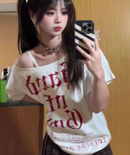 220 그램 92 면 8 암모니아 Lun 아메리칸 핫걸 비스듬한 어깨 알파벳 프린트 반팔 티셔츠 여성